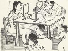 drawing of a woman seated behind a frame while a man uses a camera to photograph her