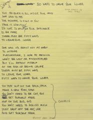lyrics for '50 Ways to Leave Your Lover' handwritten on yellow lined paper