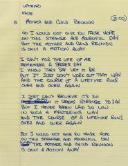 lyrics for 'Mother and Child Reunion' handwritten on yellow lined paper