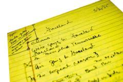 lyrics for 'Graceland' handwritten on yellow lined paper
