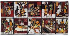 a quilt with panels showing different scenes of people