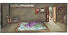 painting of a woman lying on a rug inside a room with a door open to the outside
