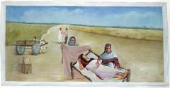painting of a woman lying on a cot outside with 2 women next to her, one holding out a blanket and 2 men talking in the background near an ox cart