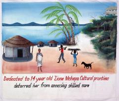 a painting of a pregnant woman standing and a man and a boy carrying sticks and a farm tool next to a few huts an palm trees by the sea shore