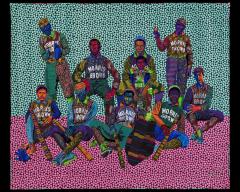 A quilt with 10 African American men wearing jackets that say Morris Brown and one child. Ona vibrant blue and pink background.