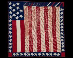 A quilt with the likeness of the American flag with stars around the outside and names embroidered as a list in the strips.