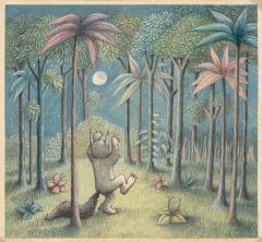 An illustration of a boy in an animal costume raising up his arms like claws outside in the moonlight and tall palm like tree all around.