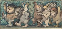 An illustration of a boy in animals costume with a crown on, sitting on top of the shoulders of a large wild beast with horns. Four other beast like creature walk in a line with them outside in the forest.