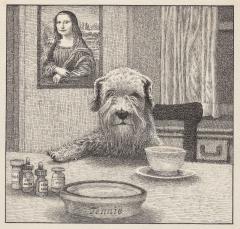 a black and white drawing of a dog sitting at a table with it's paw on the tabletop with a saucer and teacup. A painting of the Mona Lisa in the background.