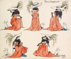 An illustration of a women in a red dress in 5 different poses with her cat.