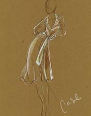 A fashion sketch of a white wrap around dress on dark paper