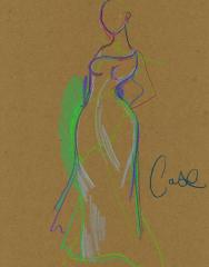 A fashion sketch of a colorful dress on dark paper