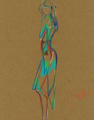A fashion sketch of a colorful dress on dark paper