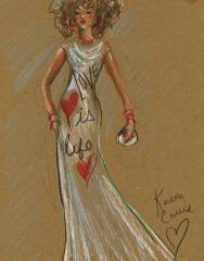 A fashion sketch of a white dress on dark paper with words "Love is Life" on it with hearts