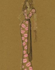 A fashion sketch of a kiss patterned wrap around dress on dark paper