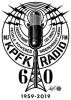 A black and white logo with a radio microphone with the type that reads KPFK RADIO