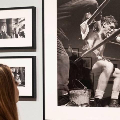 two visitors in gallery looking at photographs on the wall