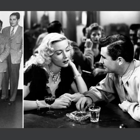 Still from the films featured. On the left shows a group of men lined up facing the camera wearing suits and coats. On the left is a scene with a woman and man sitting at a table in a crowded restaurant talking.