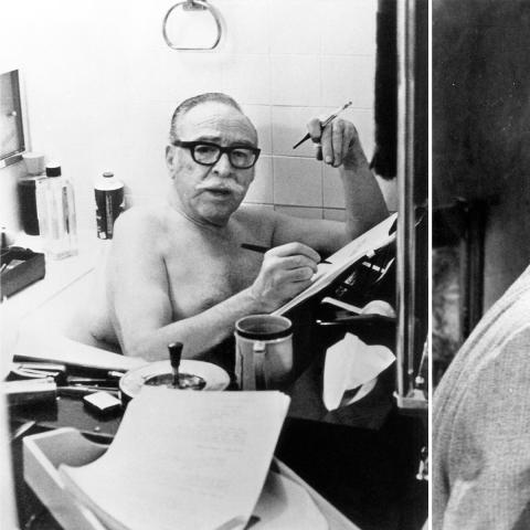 Stills from the films featured. On the left is a black and white image of Dalton Trumbo sitting in a bathtub reading papers. On the right is a man and woman embracing with the woman holding her hand over the man's mouth.