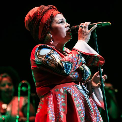 Photography of Telmary on a dark stage singing into a microphone.