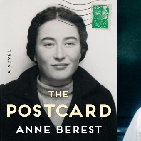 The book cover The Postcard by Anne Berest with a woman on the front in black and white with a postage stamp in the upper right hand corner, next to a portrait of the author, Anne Berest in a white button down shirt. 
