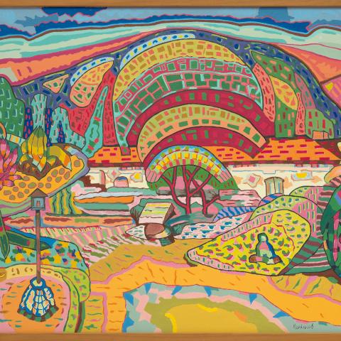 Image of a colorful painting showing abstract shapes creating a scene of a hillside and sky