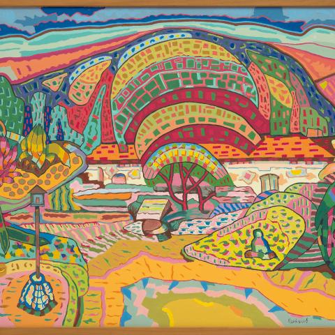 Image of a colorful painting showing abstract shapes creating a scene of a hillside and sky