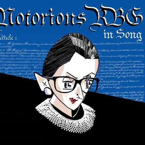 Left: Andrew Harley and Patrice Michaels sitting in front of a piano smiling; Right: Cover of "Notorious RBG in Song" album with a drawing of RBG in her jabot and robe