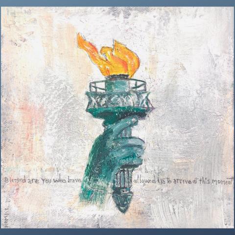 Painting of the hand and lantern atop the Statue of Liberty on a light background
