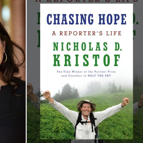 Headshots of Nicholas D. Kristof and Rabbi Sharon Brous beside the cover of the book, Chasing Hope: A Reporter's Life.