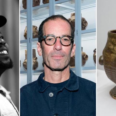 Black and white headshot of the artist Austin Antoine next to a color headshot of the artist Adam Silverman. To the right is a close-up photograph of a vessel from Common Ground.