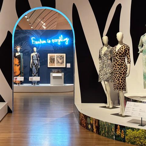 Gallery filled with mannequins dressed in various Diane von Furstenberg dresses.