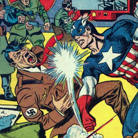 A coming book cover with super hero Captain America punching Hitler in the face.