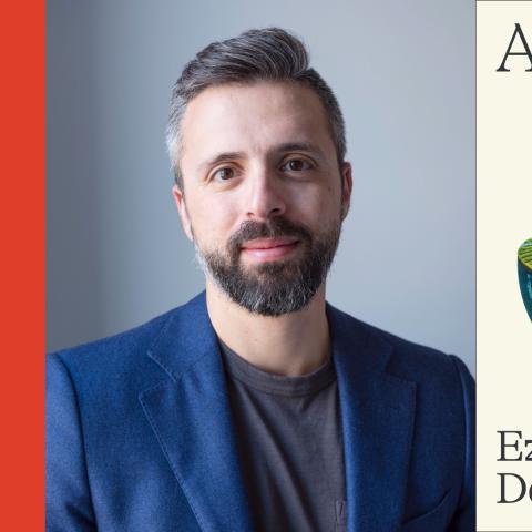 Headshot of author Ezra Klein wearing a blue suit on a blue background smiling at the camera next to the cover design of the book Abundance.