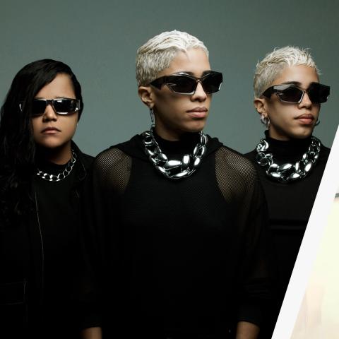 Three band members in all black with large silver chains and sunglasses poses. Next to that photo a photo of four men in a band posing in the same shirt.
