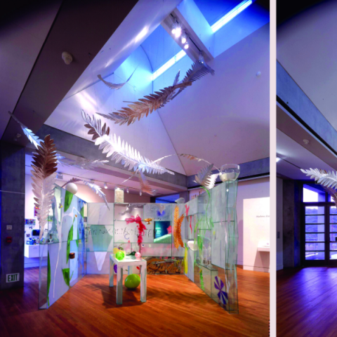 Two photos of the Installation in a gallery space. Three glass walls surround a table with colorful objects. Above the walls, larger-then-life feathers suspend from the ceiling up into a skylight.