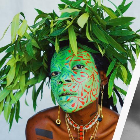 A portrait of a musical artist with a green mask on and leaves in hair next to another band of three women posing