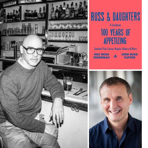 Headshot of the two authors and speaker Phil Rosenthal next to the cover of the Russ & Daughters cookbook.