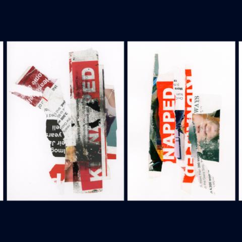 Bright red and black paper torn together to create abstract shapes in four unique collages on white paper. Various words stand out such as “Napped,” “Kidnapped,” “Home Now,” and “Israeli.”