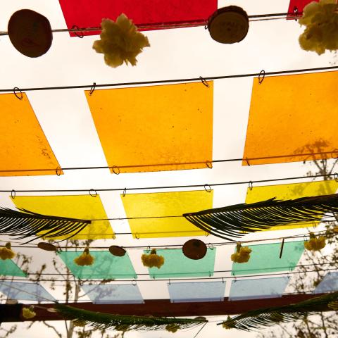 colorful plexi squares hung above a pergola