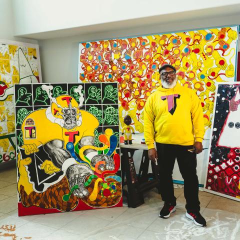 Artist Trenton Doyle Hancock in his studio.