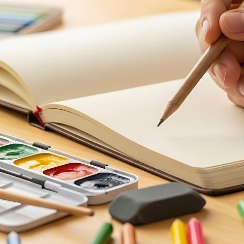 Water color paints and a hand ready to write in a book with a pencil.