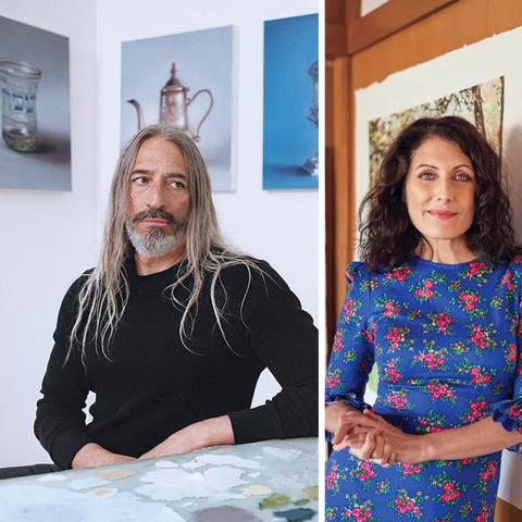 Two images of artist in their painting studios.