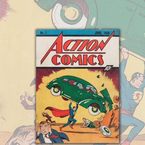 A1938 comic book cover of superman lifting a VW bug in the air.