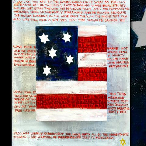 A painting of the American flag with words written behind it.