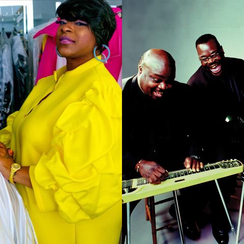 Three women post on front of a clothing rack. Three men play musical instruments including pianos and a guitar.