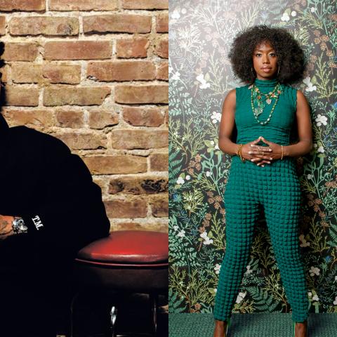 A man with sunglasses sits in front of a brick wall, and a woman stands in front of a harm.