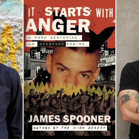 Two headshots of men and a book cover by James Spooner.