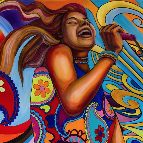 A colorful mural painting with a woman singing and swirling colors.