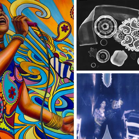 Three image collage; a 60s style mural of a woman singing, an X-ray of items in bag, and two photo of people at a dinner party.